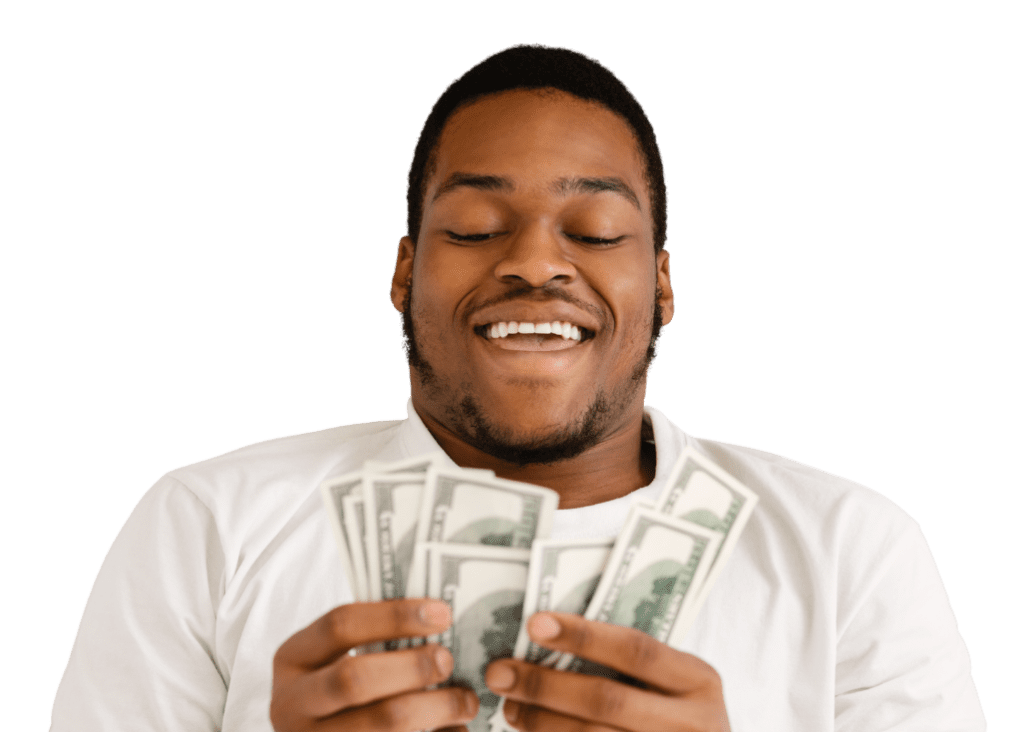 Happy man counting money saved with chaaboom